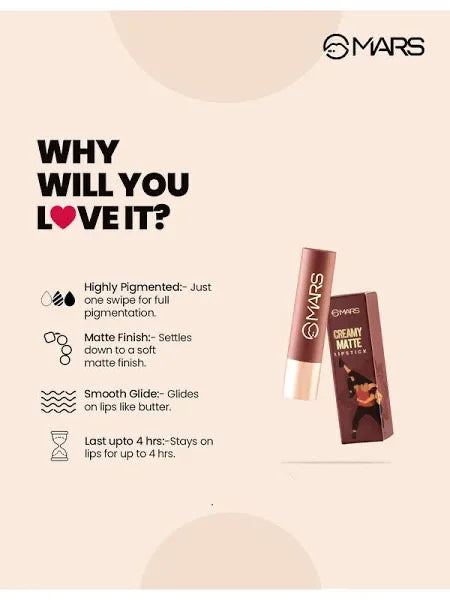 MARS Creamy Matte Long Lasting Lipstick for Women transfer proof & smudge proof